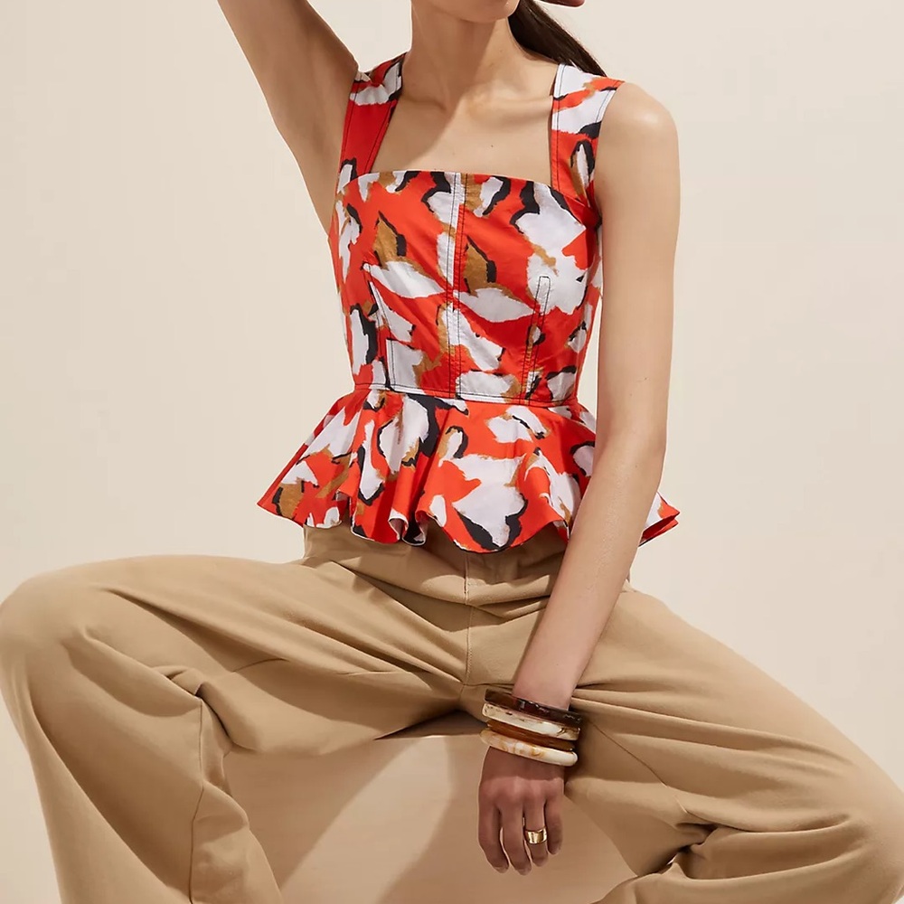HUNTER BELL Red White and Black Printed Peplum Tank Top